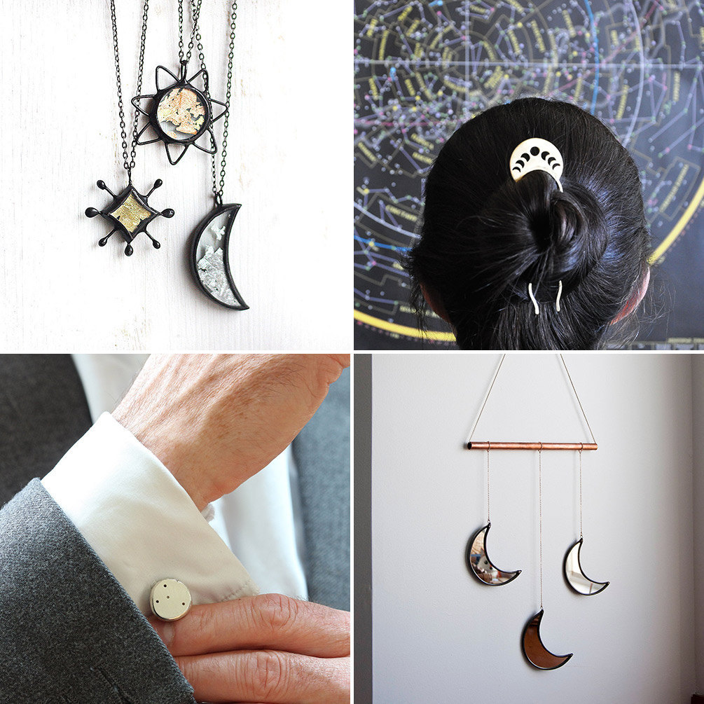 Collage of celestial-themed Etsy items: necklaces, a hair fork, a wall hanging, and custom constellation cufflinks