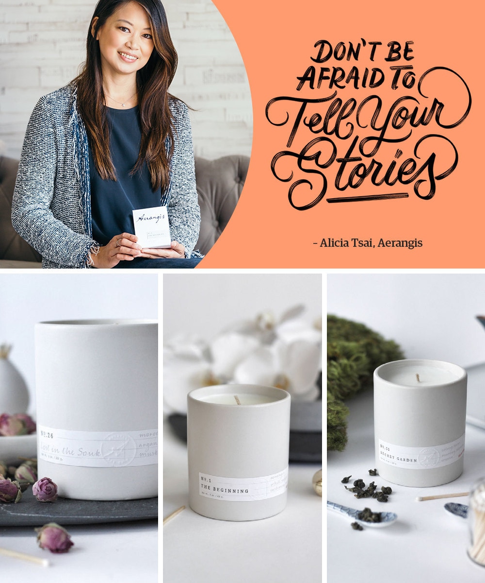 A collage of candles from Aerangis including portrait of the seller alongside a hand-lettered quote that reads "Don't be afraid to tell your stories."