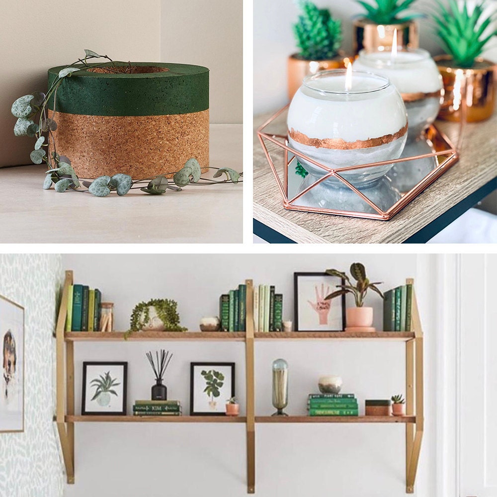 A collage of shelving and decorative objects from the Real Simple Home, available to purchase on Etsy.