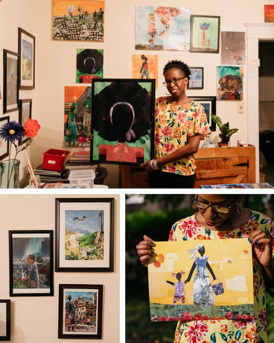 A portrait of collage artist Mirlande Jean-Gilles collaged with pieces from her collection