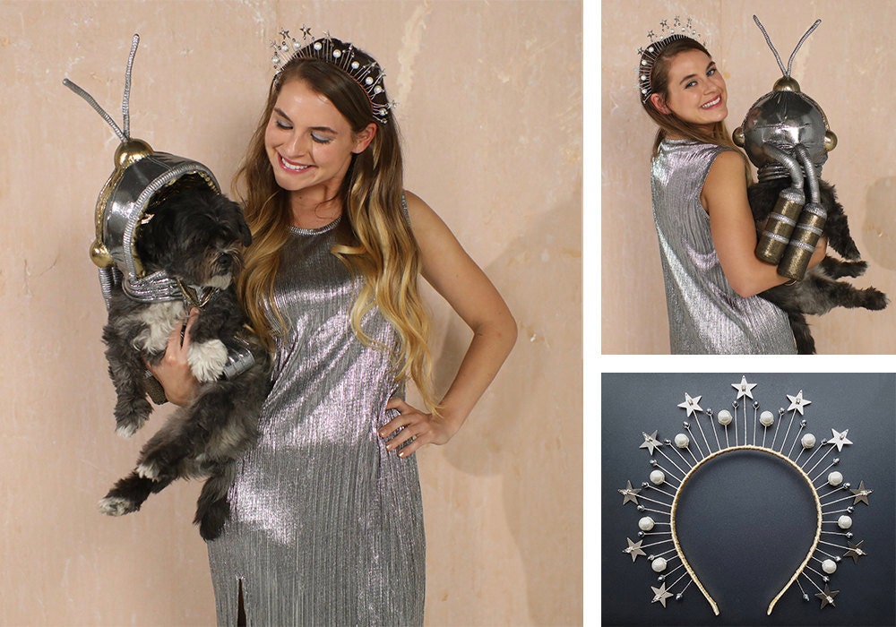 A collage of items needed for a "space explorers" dog + human Halloween costume.