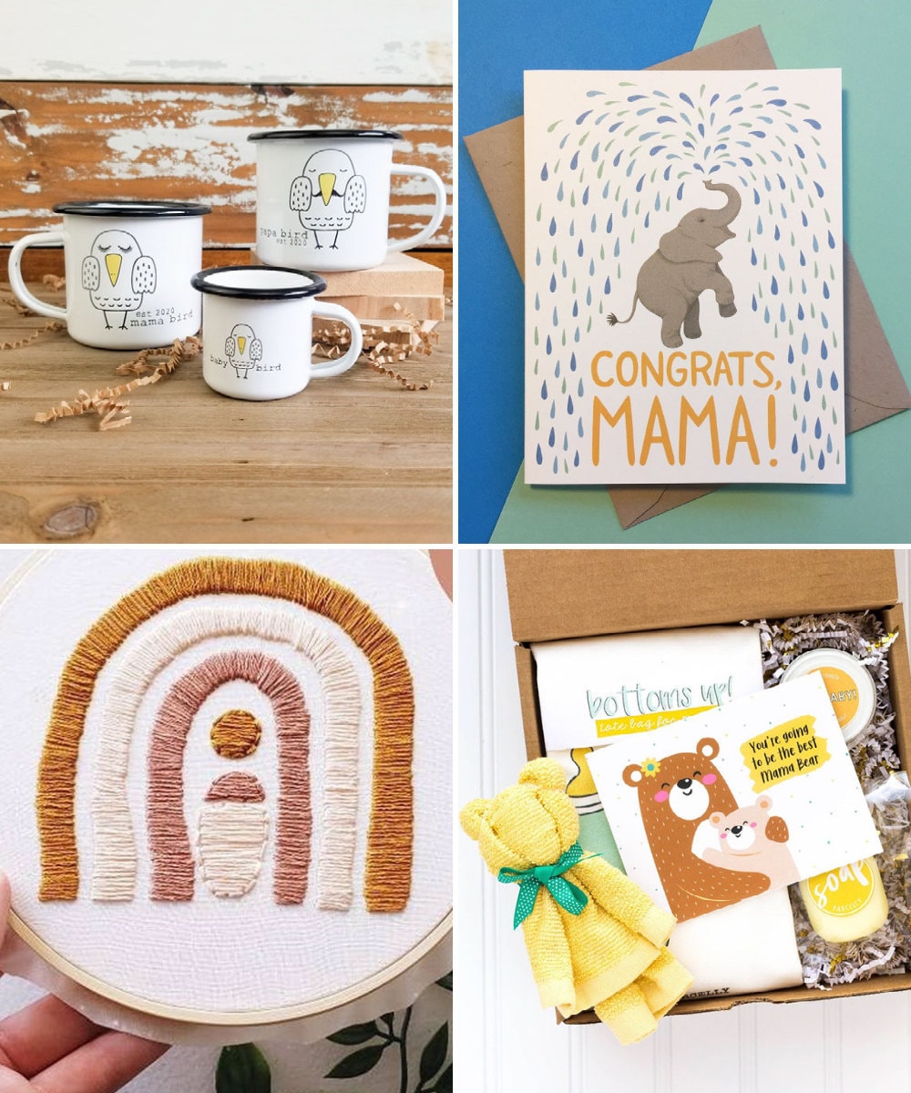 A collage of gifts for expecting moms available on Etsy.