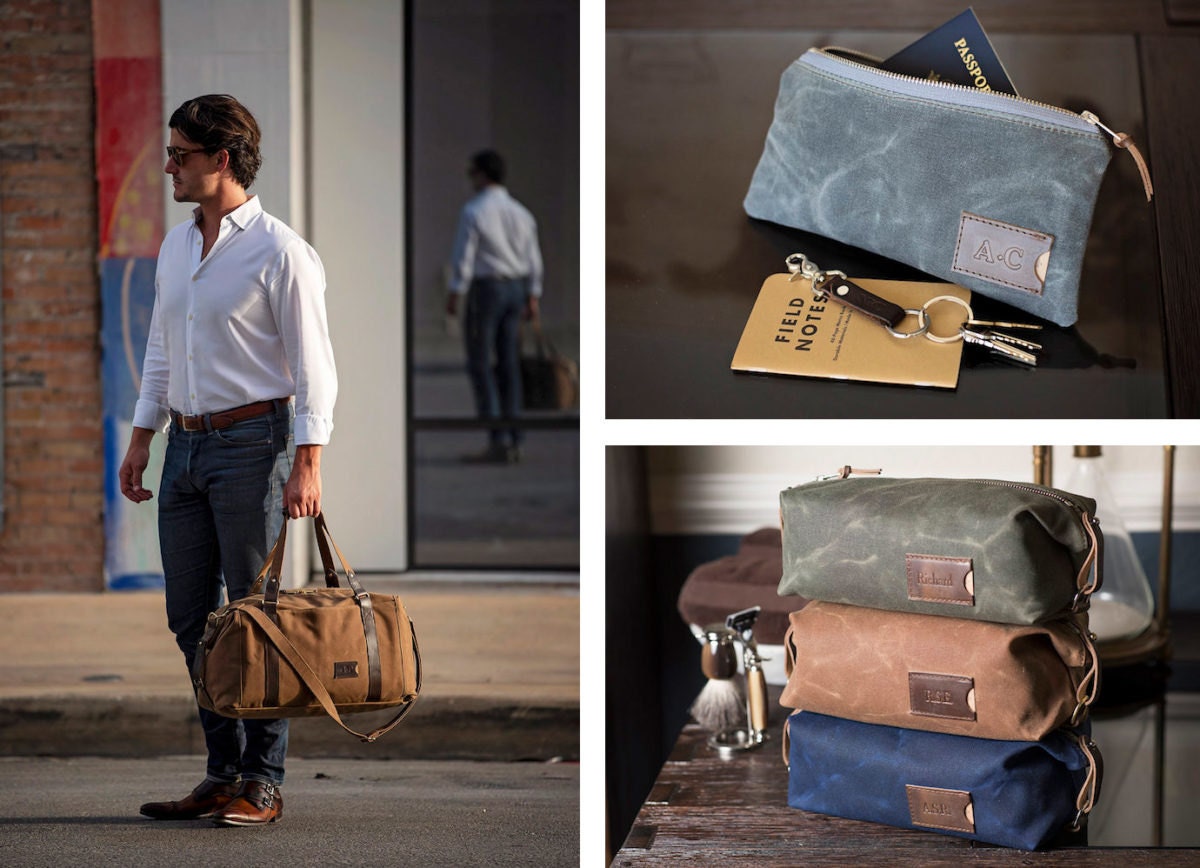 Waxed canvas weekender bag, waxed canvas zipper pouch, personalized dopp kits, all from Clark & Taft Crafting Company