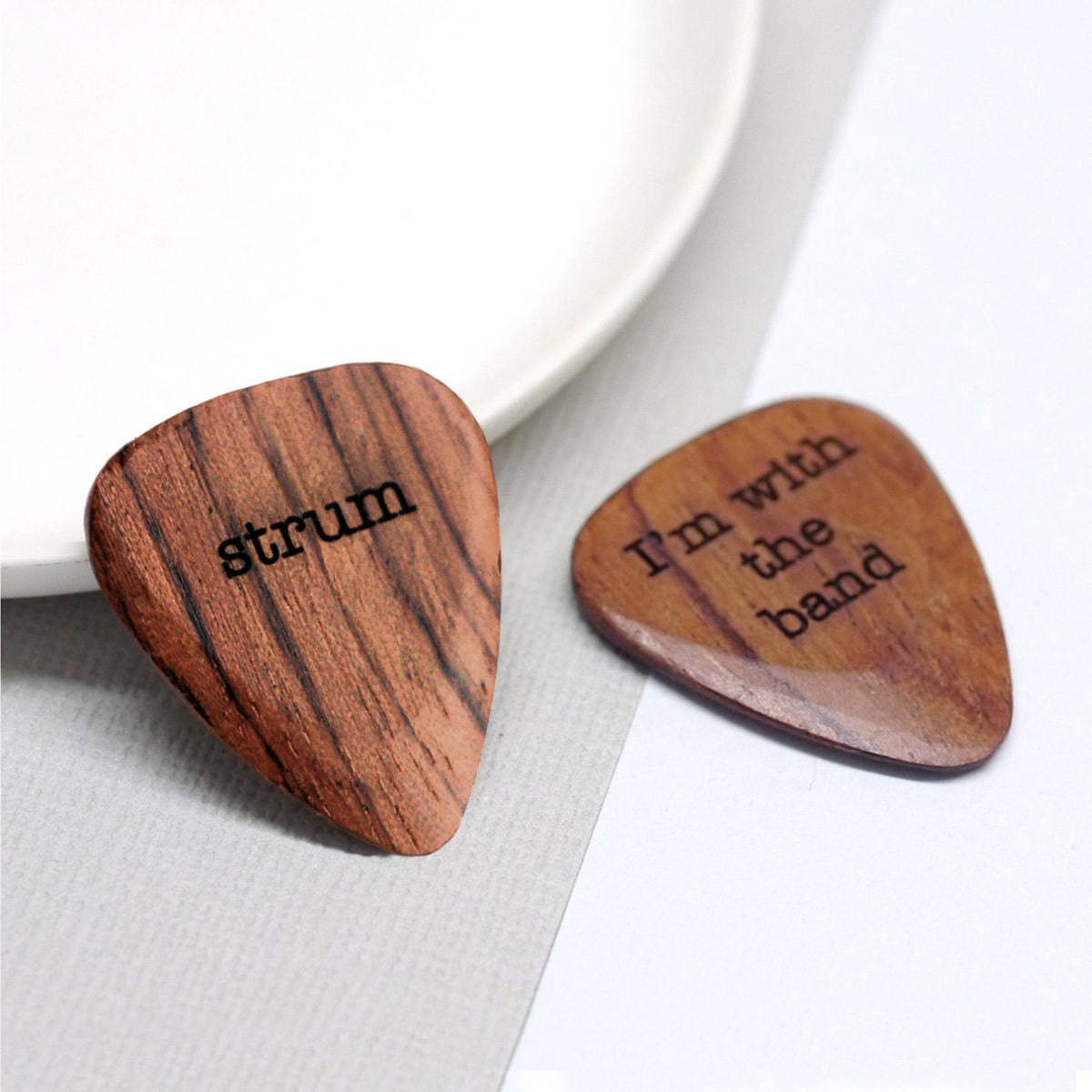 Wooden guitar pick from Maria Allen Boutique, on Etsy