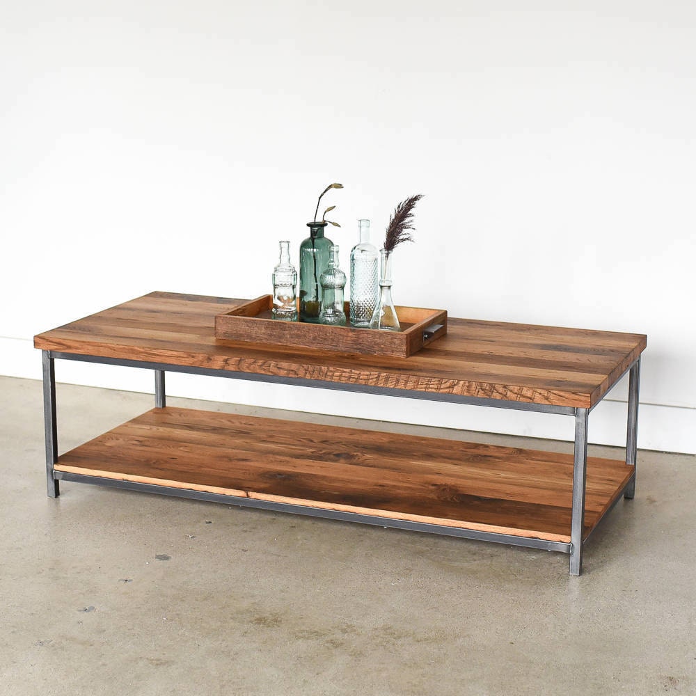 Reclaimed wood coffee table with lower shelf from What WE Make