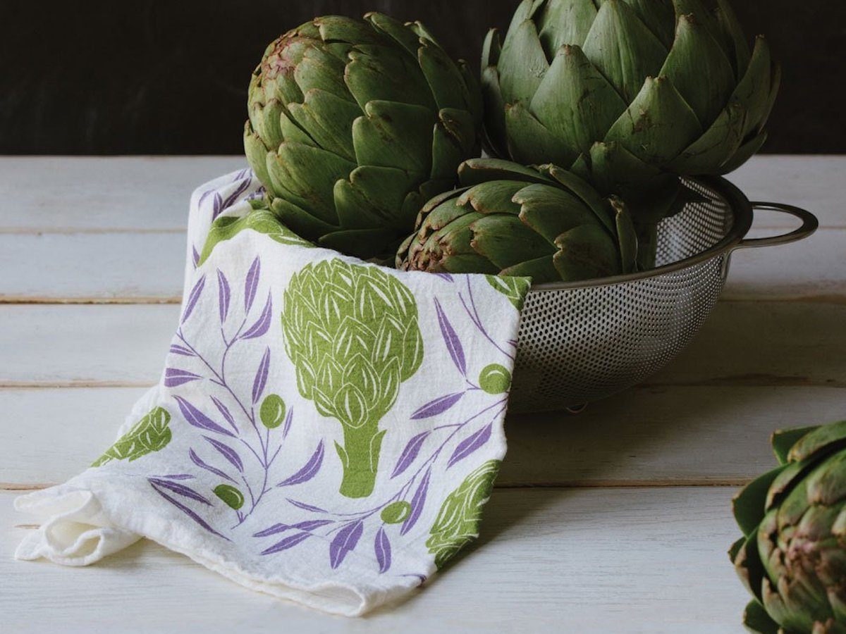 Screenprinted tea towel featuring hand-illustrated artichokes