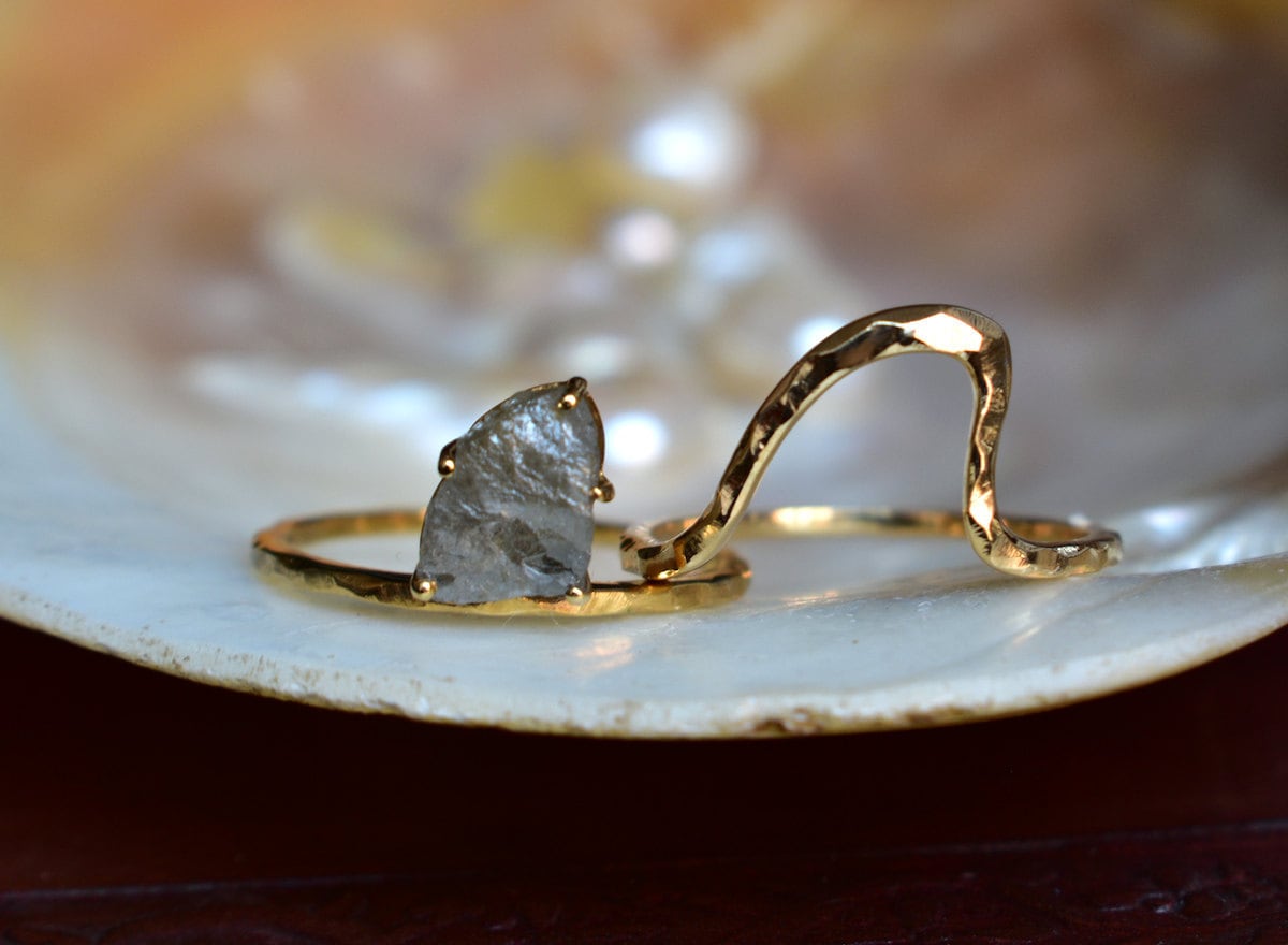 Rough diamond and hammered gold ring set from Abhika Jewels