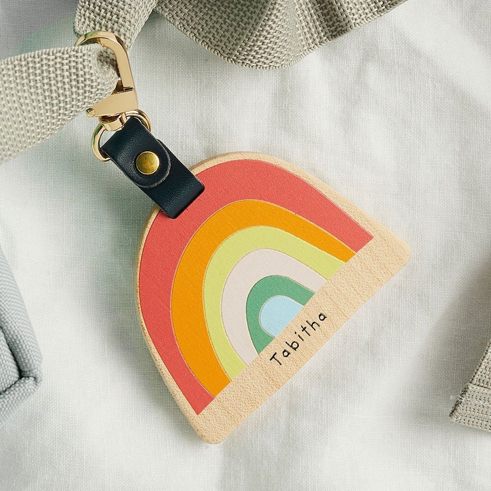 Personalized wooden fall fashion rainbow bag tag for kids from Create Gift Love