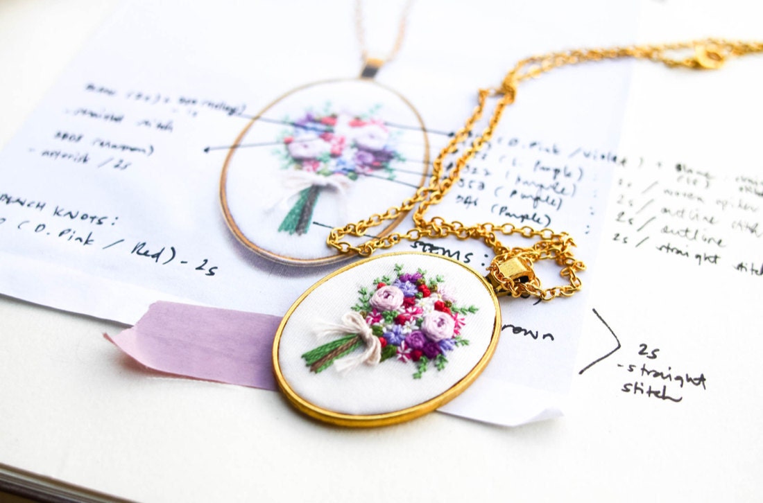 Embroidered bouquet pendant necklace from Thursday Craft Love