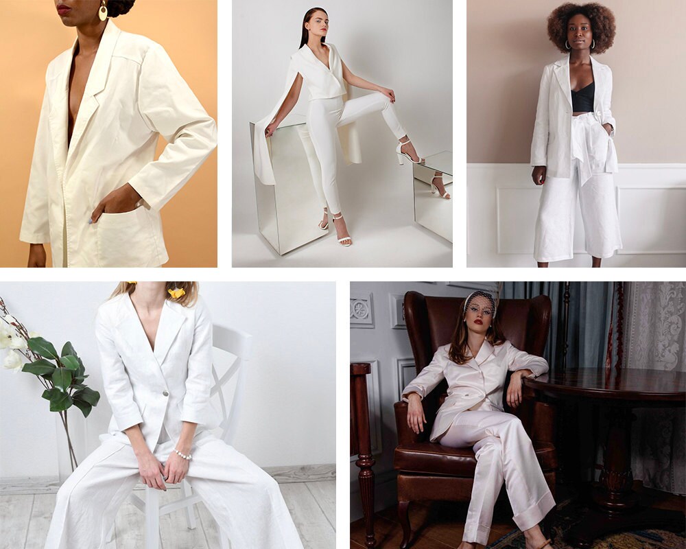 A collage of bridal pantsuits available on Etsy