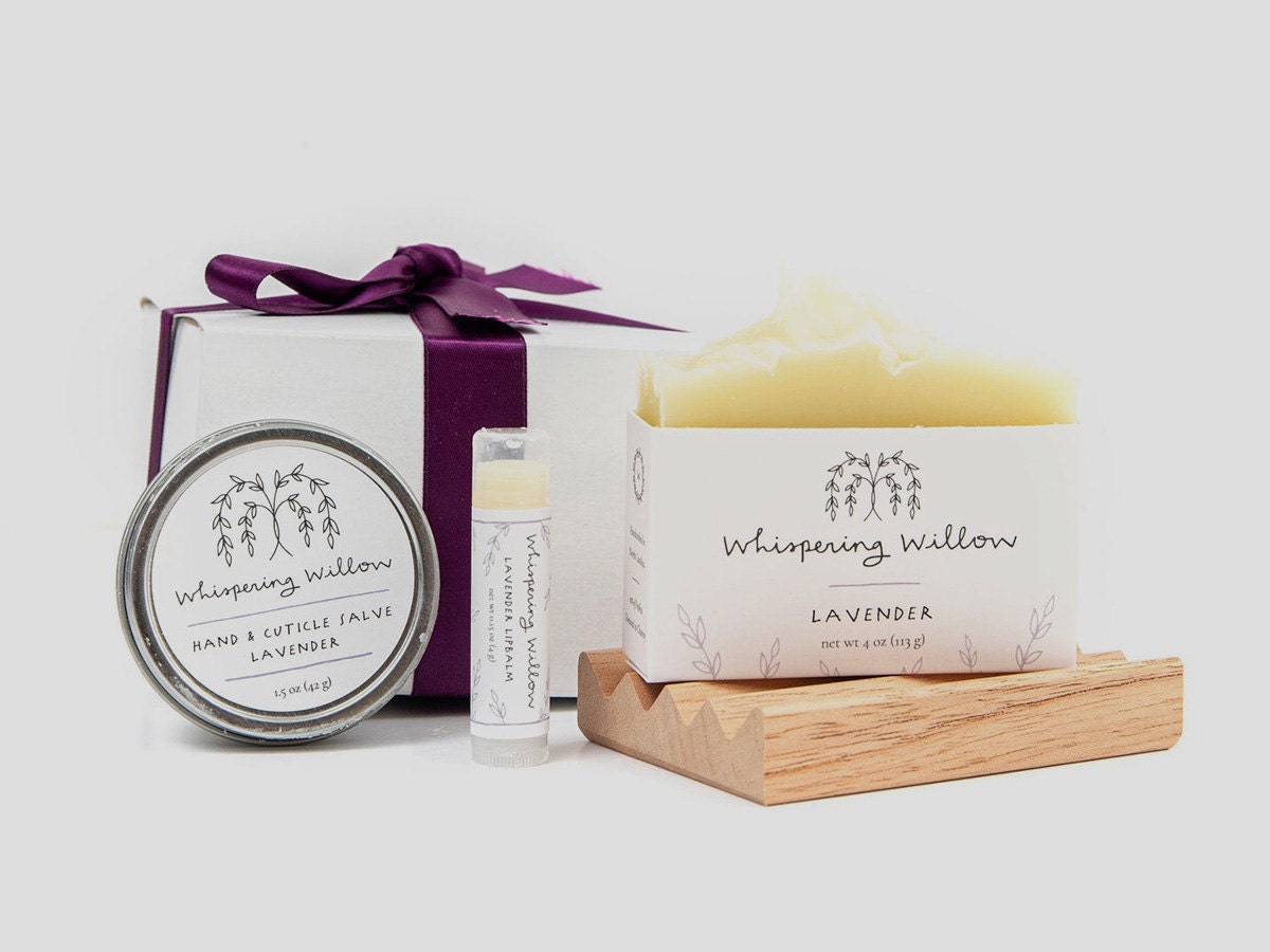 A lavender spa kit that includes soap, cuticle cream, and lip balm.