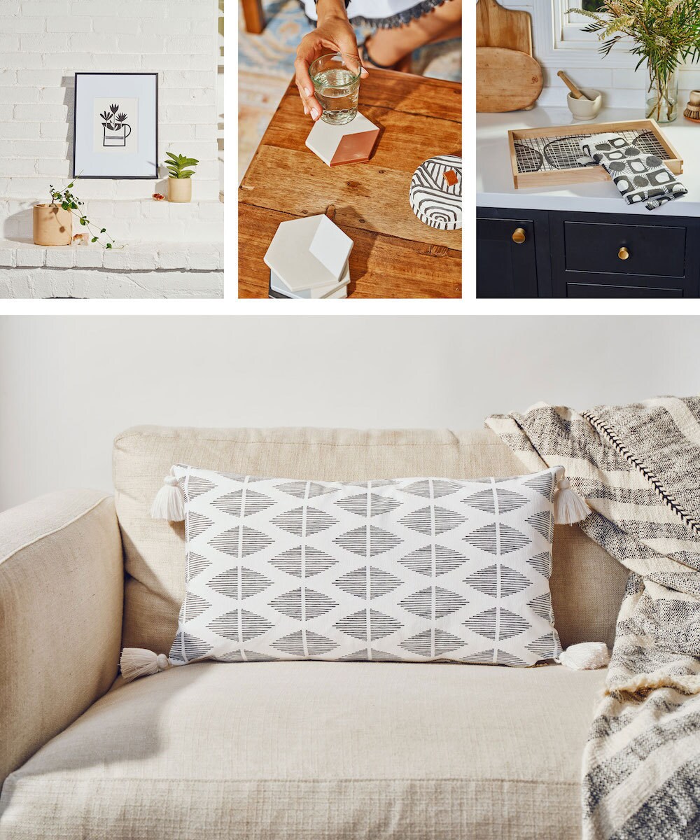 Illustrated prints, geometric coasters, printed tray and tea towel, and patterned bolster pillow from the Tia Mowry x Etsy collection.