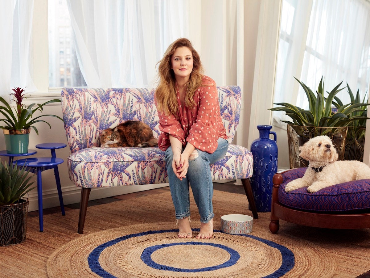 A portrait of Drew Barrymore in her home with her pets.