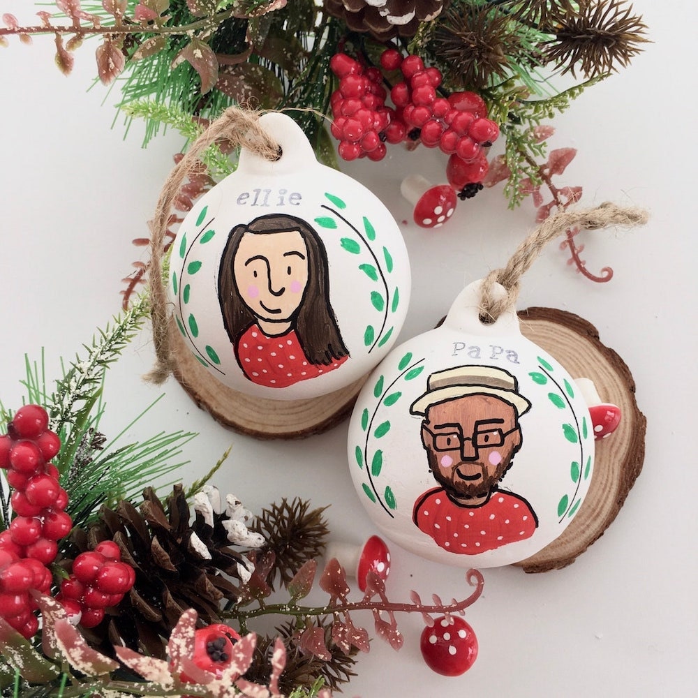Personalized portrait bauble ornaments from Gemma Eve Illustrator on Etsy