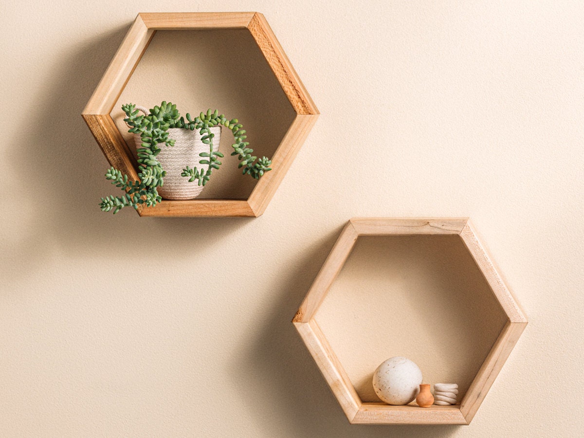 Two hexagon hanging shelves from Crafted Glory
