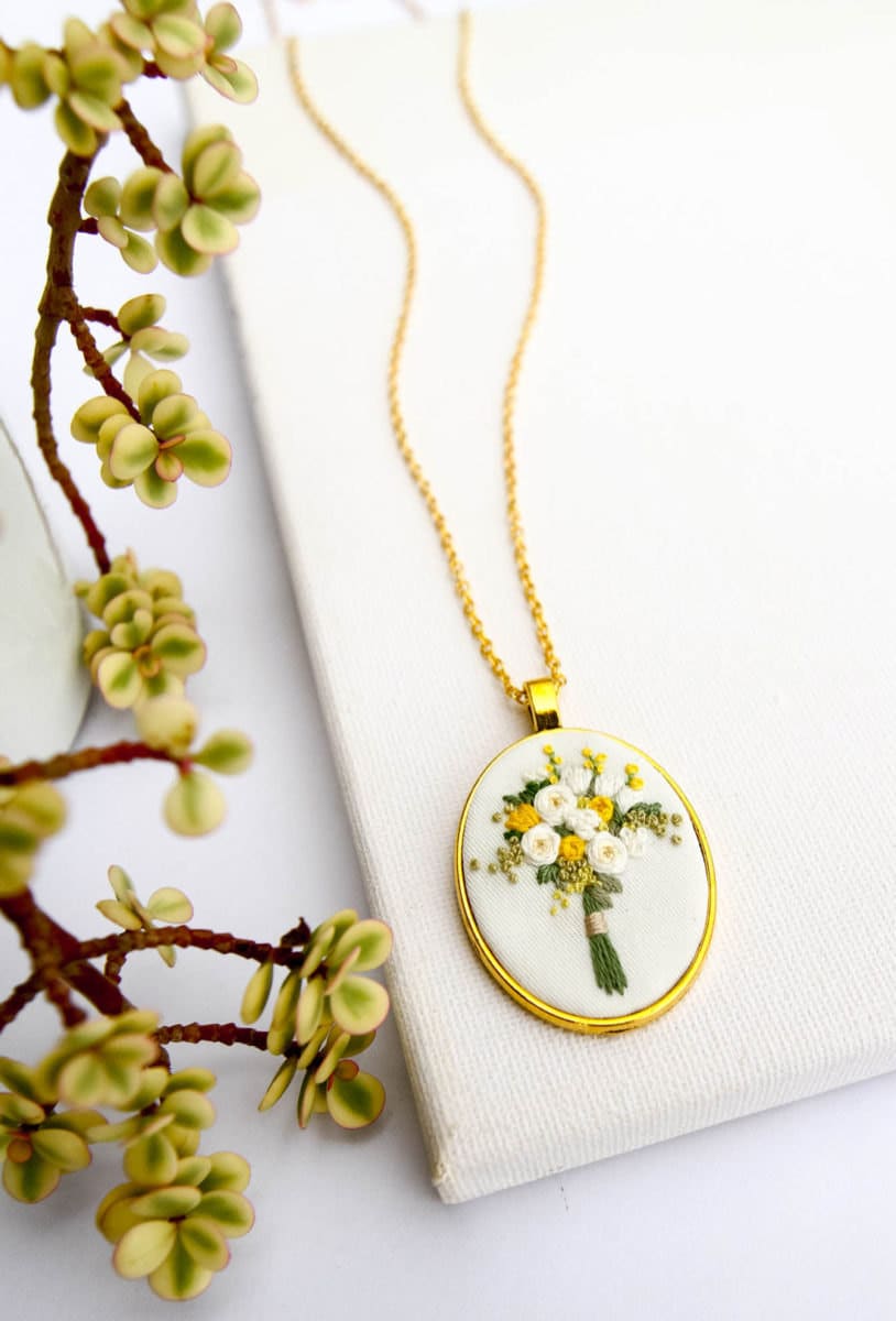 Yellow bouquet embroidered pendant necklace from Thursday Craft Love