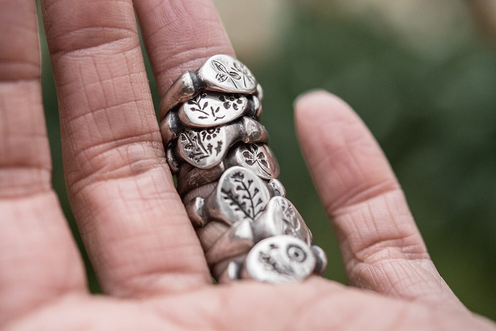 Sterling silver botanical rings from Peg and Awl
