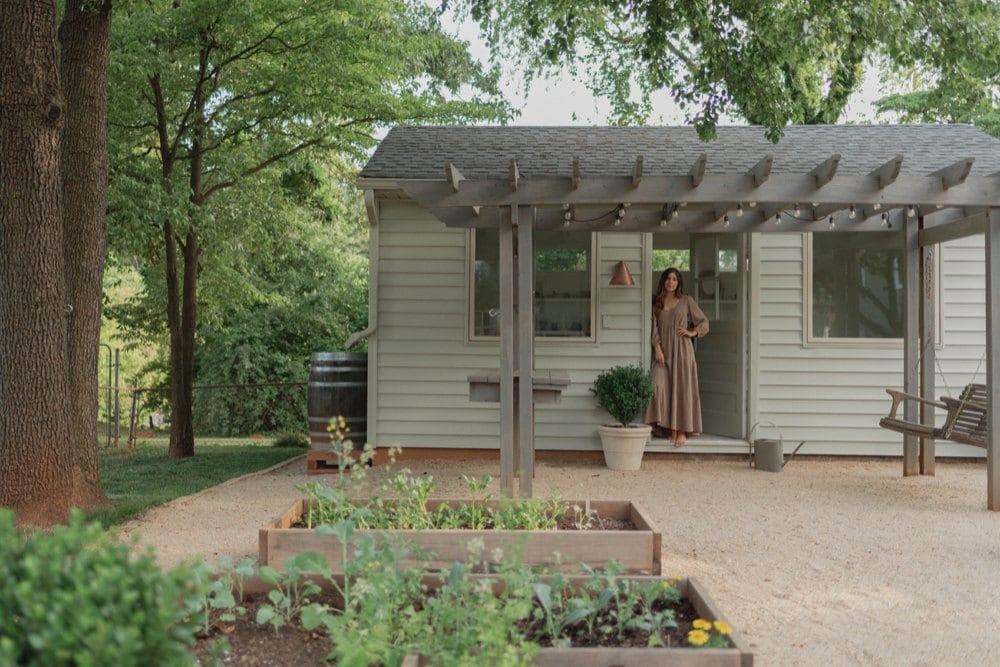 An exterior shot of Mara's 600 sf tiny house in Charlottesville, VA.