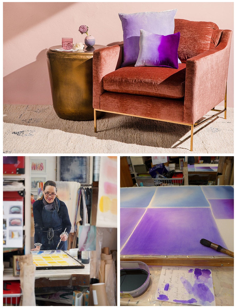 A collage of three images. From top: a pink velvet chair with two hand-painted pillows; a photo of the pillows being painted; a photo of the maker.