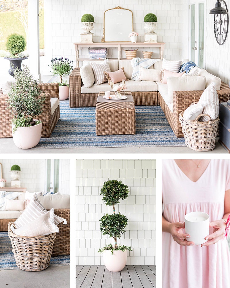 Jillian’s backyard patio, styled with pillows, planters and more from her collection.