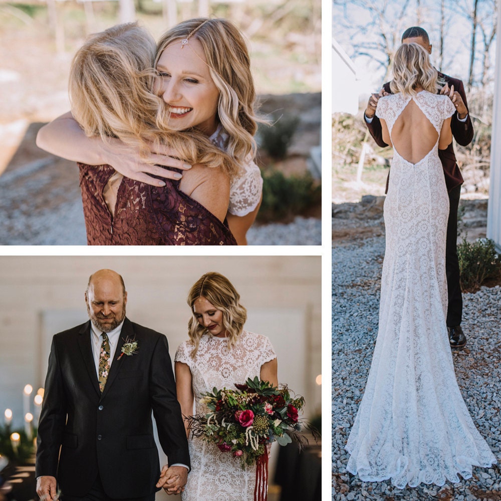 A collage of photos showing Emily hugging her mother, walking down the aisle with her father, and embracing Terrell during their first look