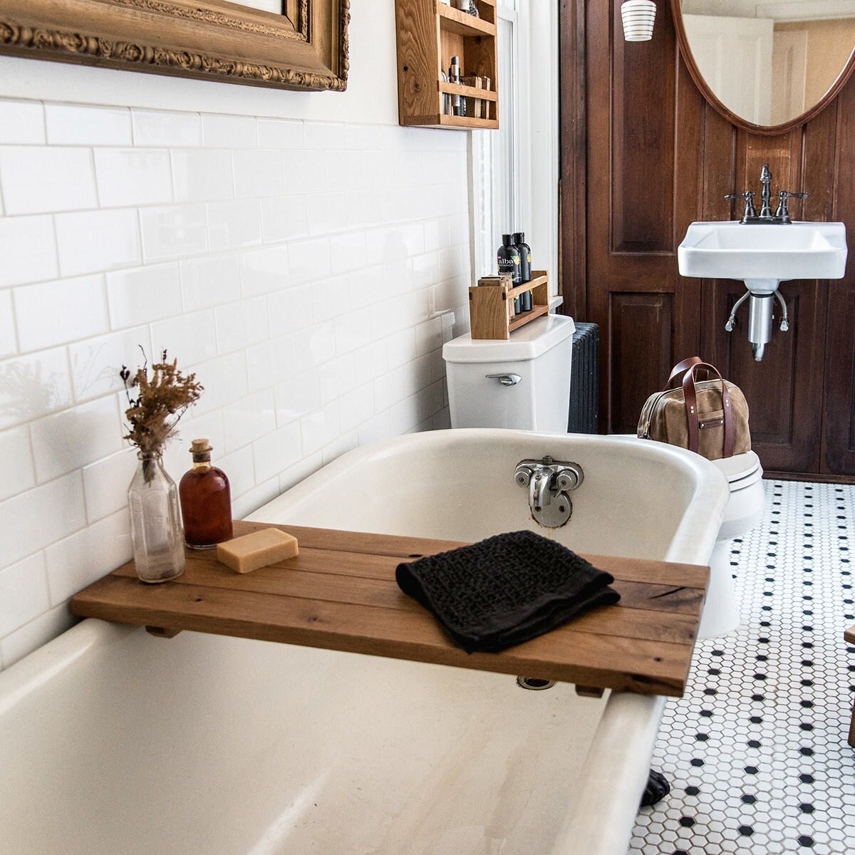 Wood bath caddy from Etsy