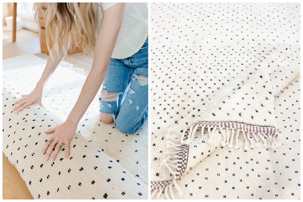 A collage of two images: At left, Sarah rolls out a white rug with tiny black spots; at right, a close-up of the rug's soft texture and fringed ends.