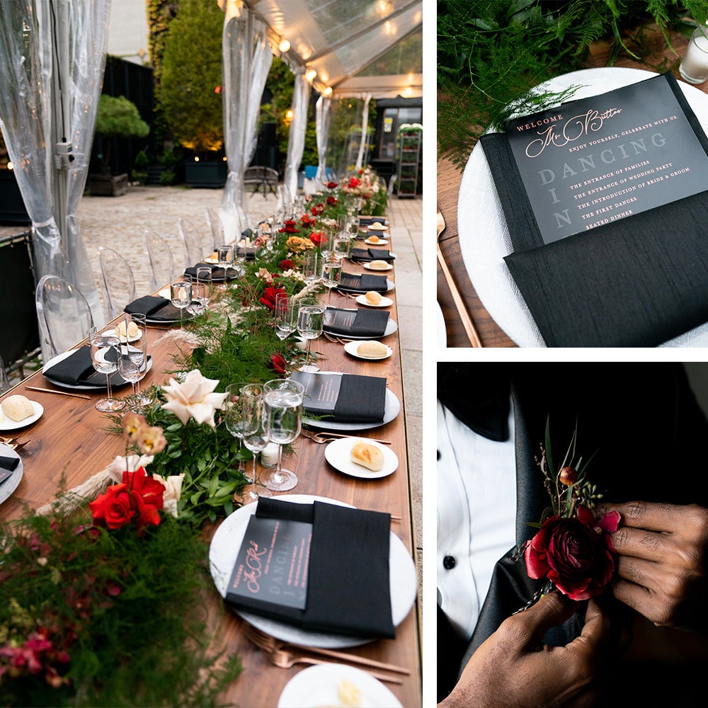 A collage of decorative reception items and florals from Addy and Joel's wedding.