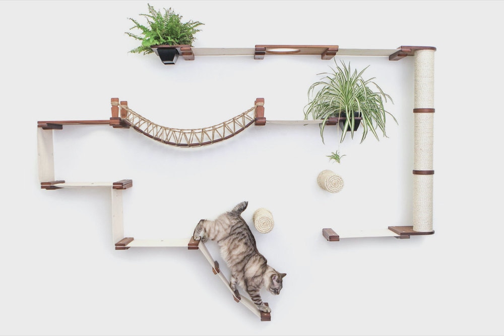 A wall-mounted cat furniture system from CatastrophiCreations