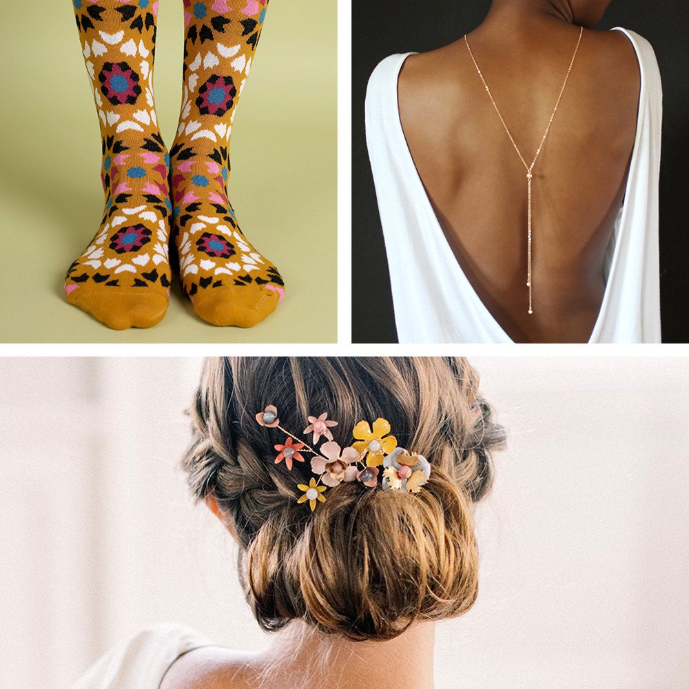 A collage of wedding accessories from Etsy, including men's socks and women's jewelry and hairpieces
