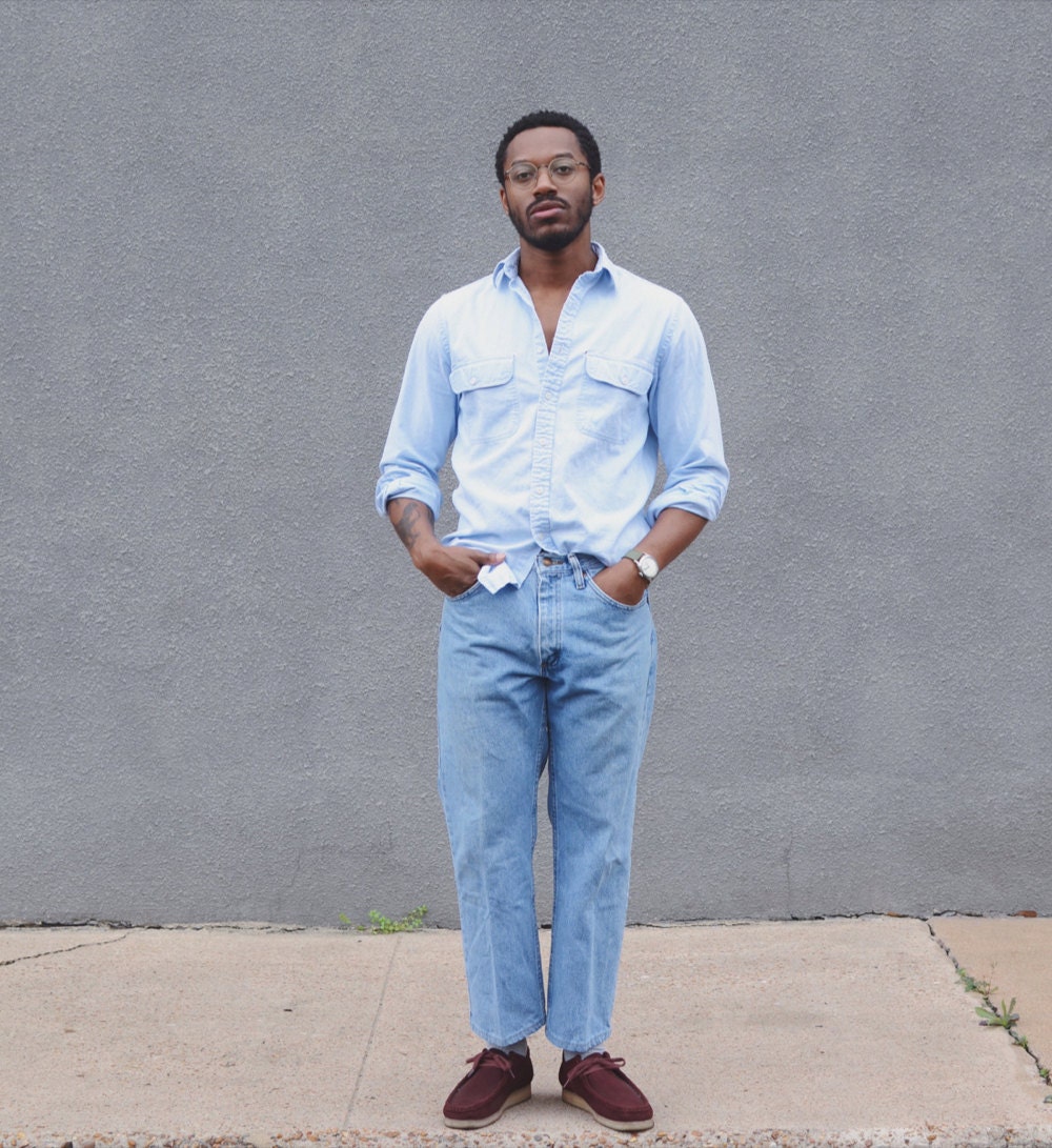 Norman models a vintage oxford and jeans.