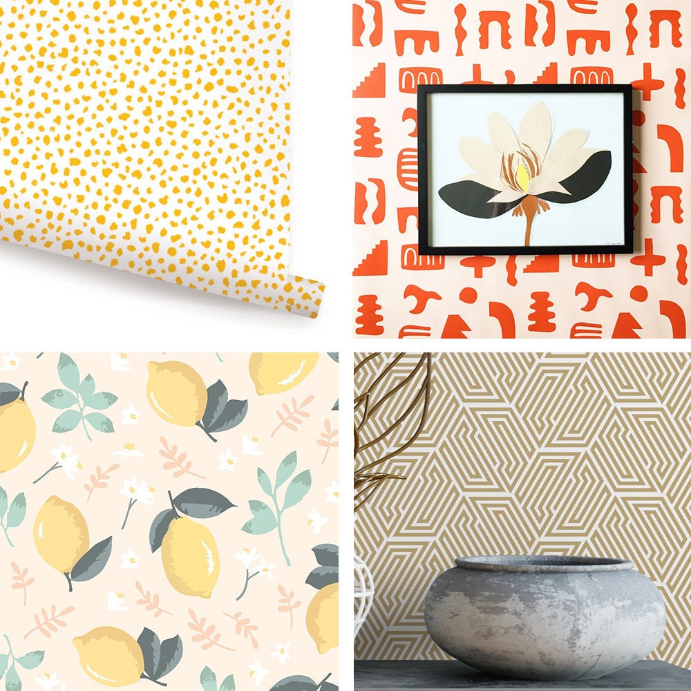 A collage of peel-and-stick wallpapers featuring the following designs: yellow speckles, peach and red shapes, gold art deco hexagons, and a lemon and mint print pattern.