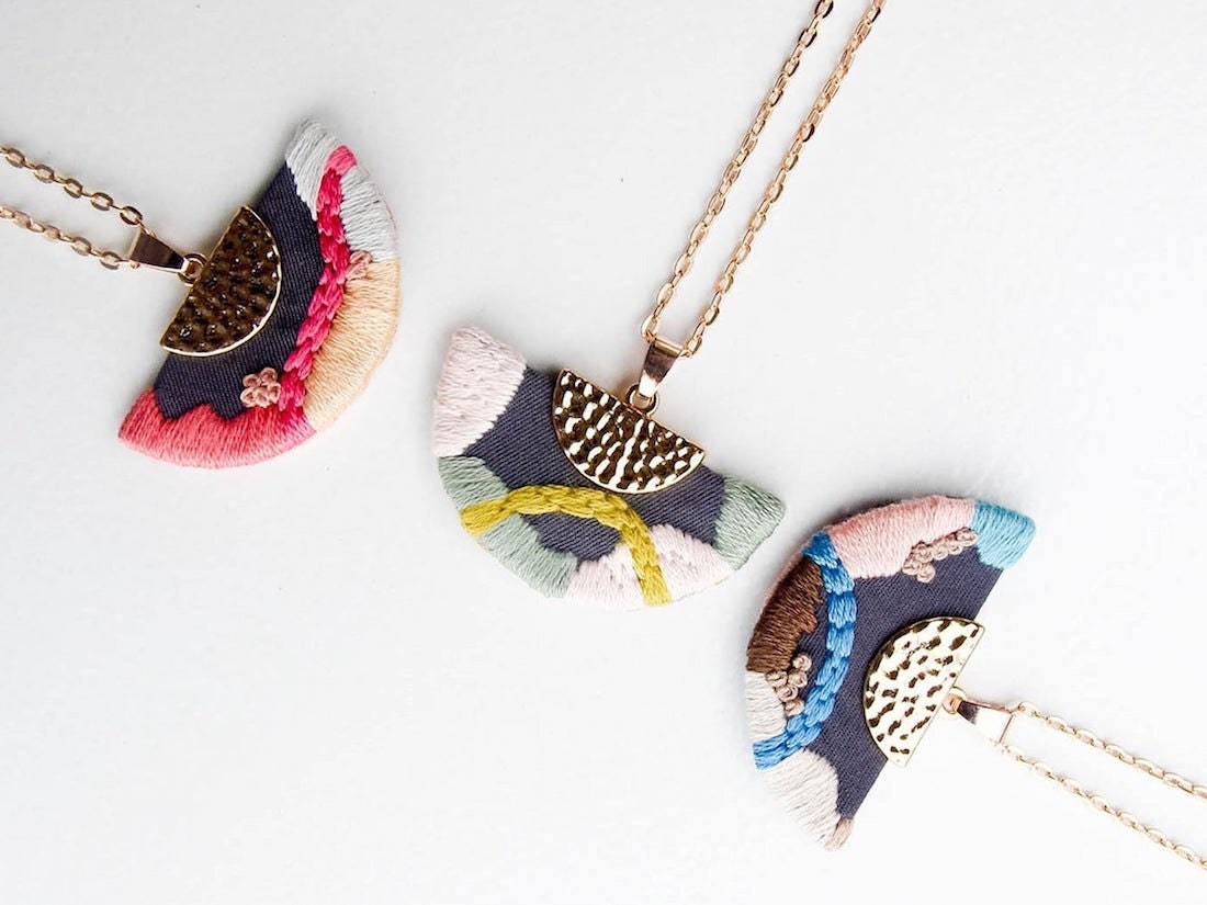 Embroidered abstract pendant necklaces from Thursday Craft Love