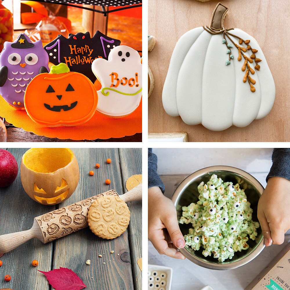 A collage of Halloween treats and DIY kits available on Etsy.