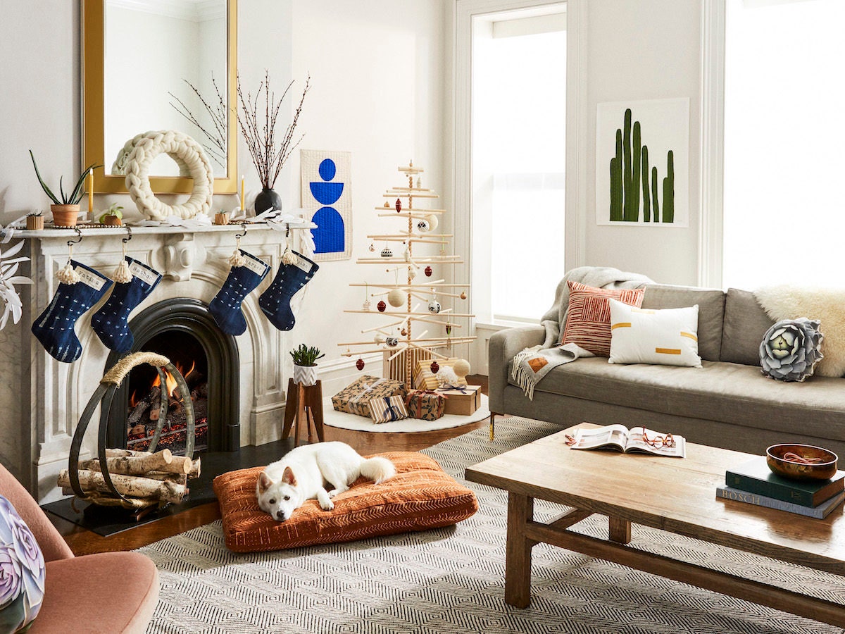 A festive living room styled with desert-chic holiday decor.