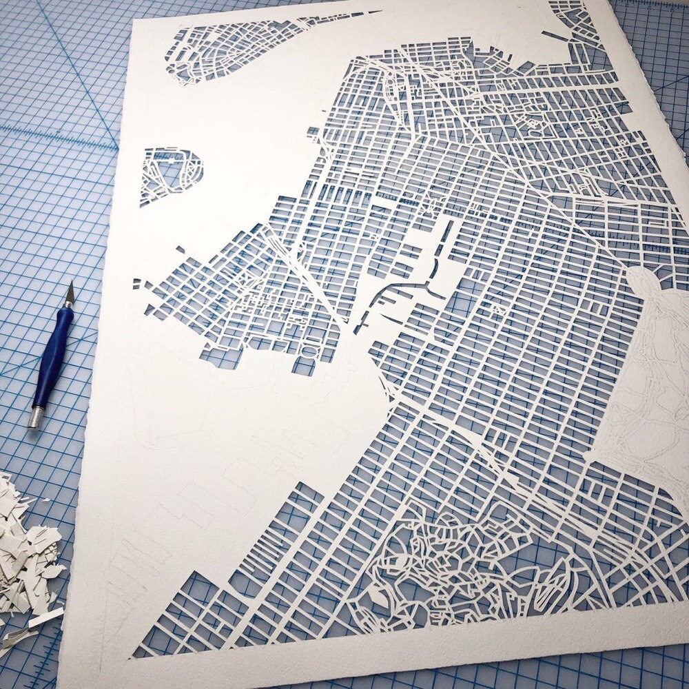 Close-up detail on a work-in-progress Brooklyn map