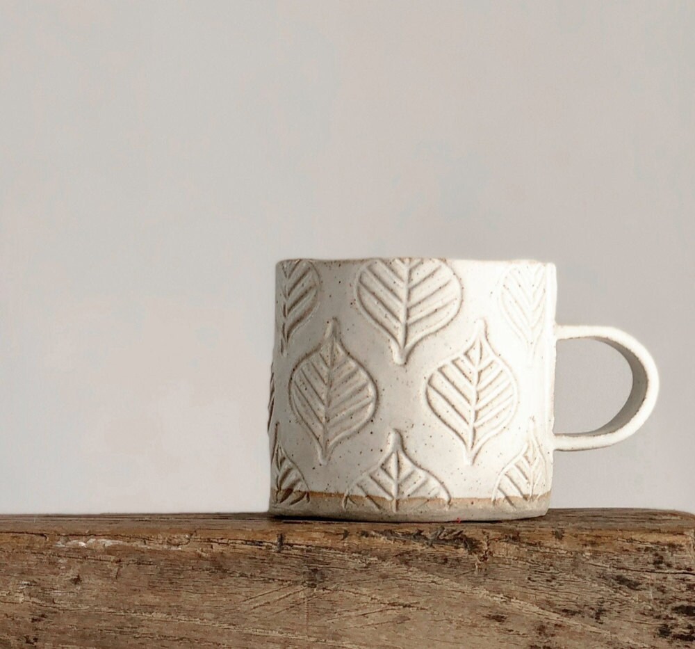 Leaf-patterned ceramic mug from Etsy seller Rebecca Williams