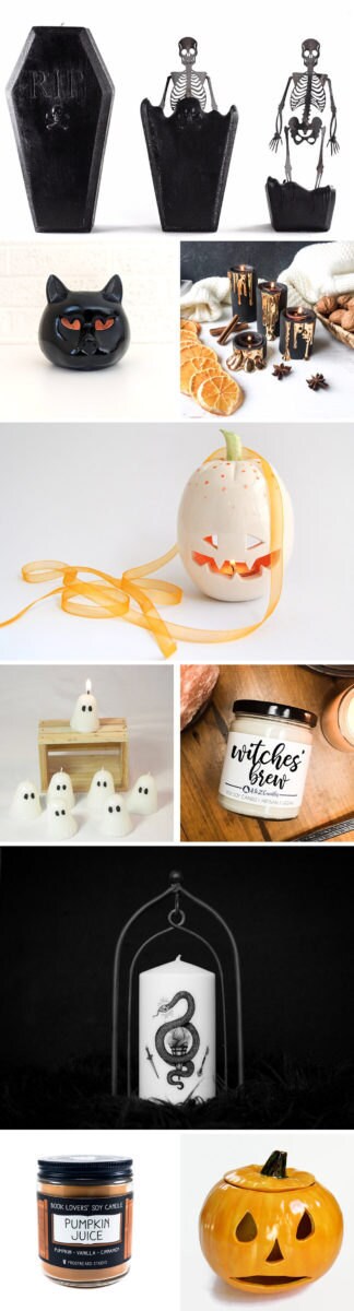 Halloween-themed candles and candleholders from Etsy
