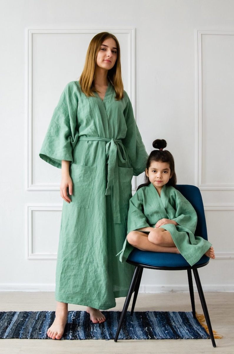 Stone-washed adult linen robe and stone-washed child's linen robe, both from BelEcoFlax