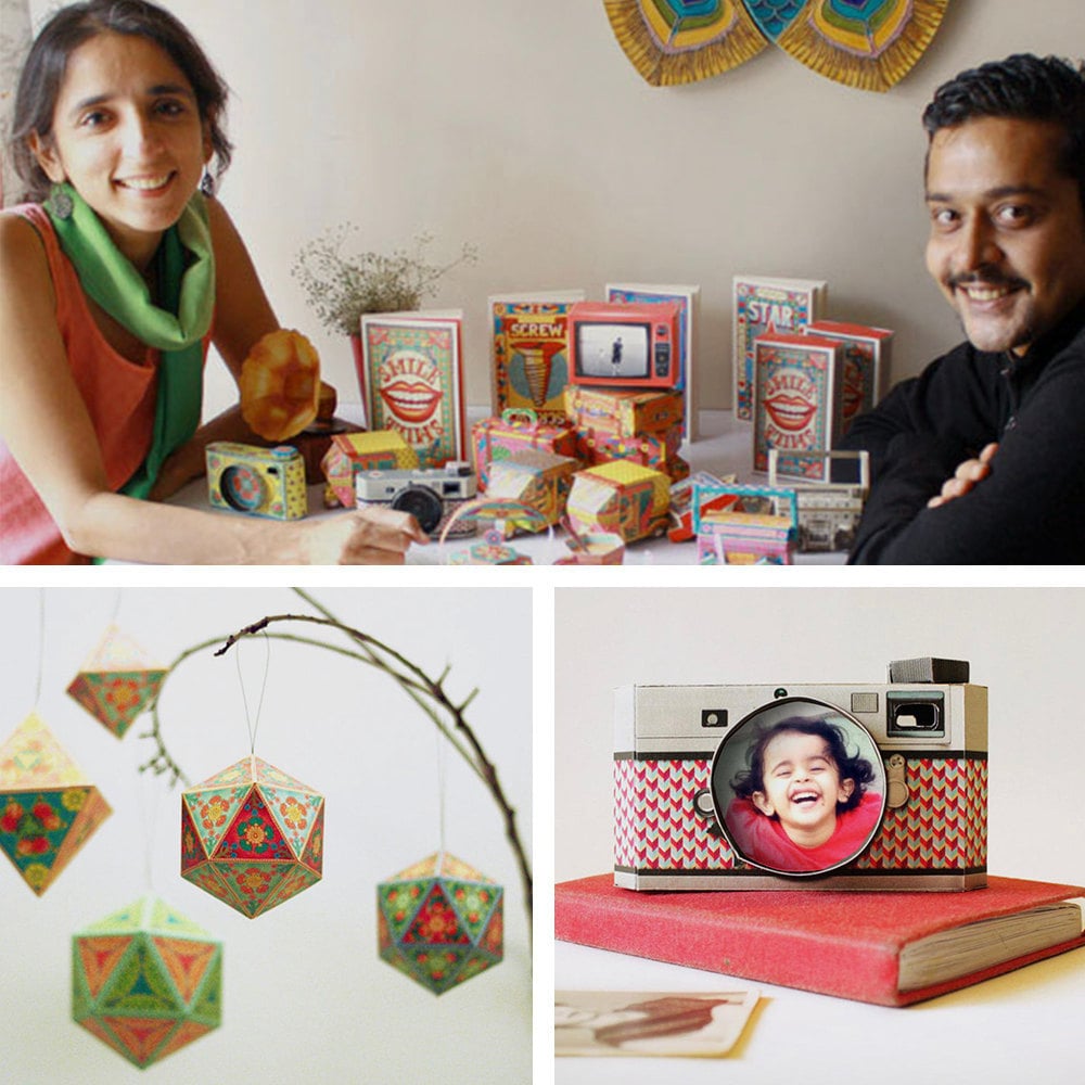 A collage featuring a portrait of Sky Goodies paper product designers Misha and Amit Gudibanda and a few of their foldable paper items, including a set of geometric ornaments and a photo frame shaped like a camera.