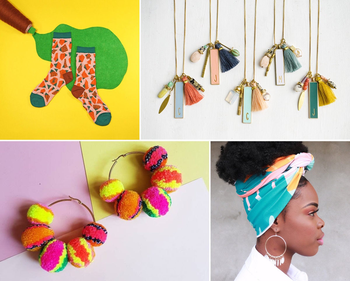 Collage of maximalist accessories from Etsy: colorful socks, personalized charm necklaces, a patterned head scarf, and multi-color pom-pom earrings