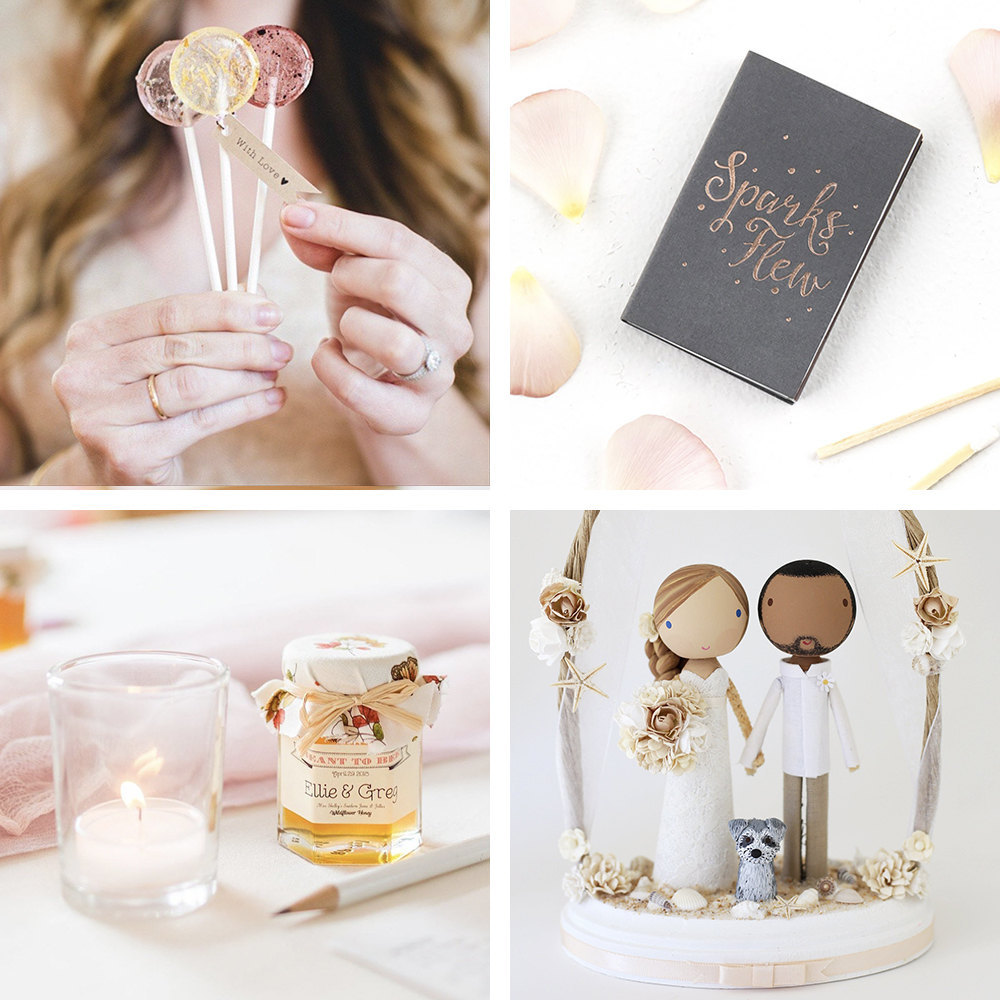 A collage of wedding favors and keepsake cake toppers from Etsy