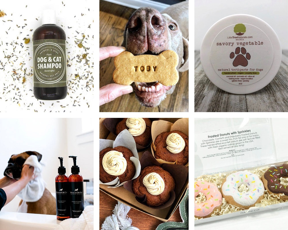 A collage of pet wellness items available on Etsy