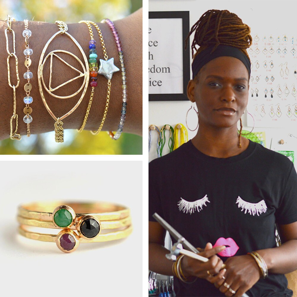 A collage featuring a portrait of Aquarian Thoughts jewelry designer Nadirah Bostick and a few of her stackable gemstone bracelets and rings.