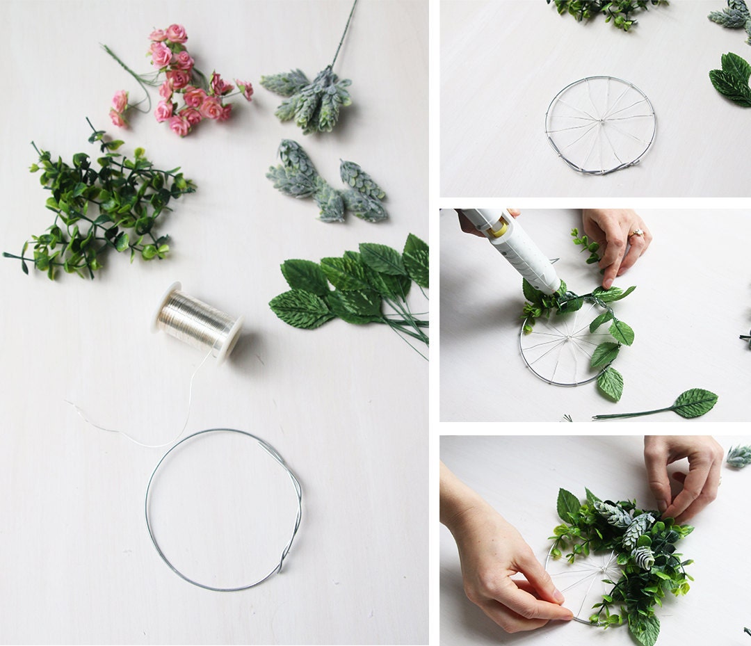 Photo collage showing how to DIY a wreath-shaped gift card holder in 4 steps