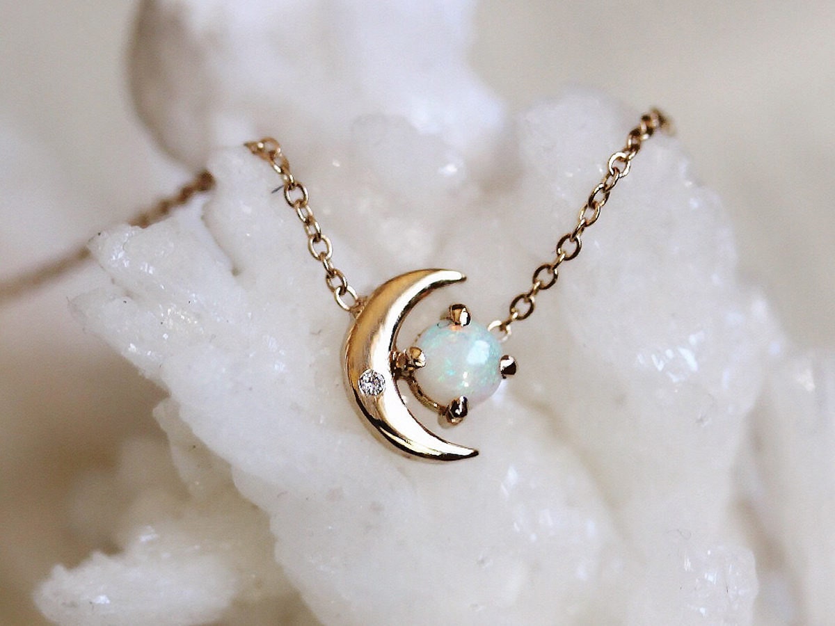 Opal and diamond crescent moon necklace from Liesel Love