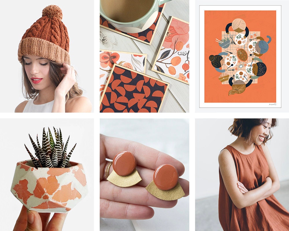 A collage of burnt-orange items from Etsy