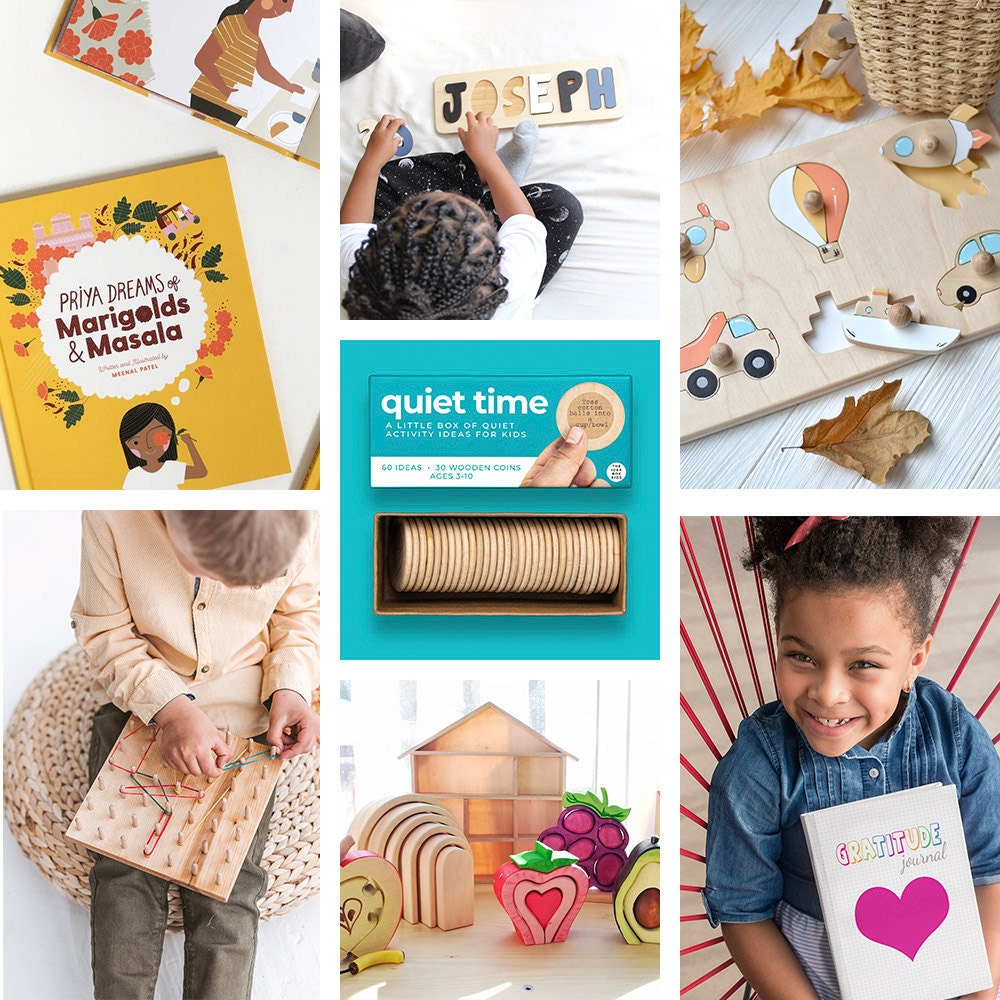 A collage of solo activities for kids available on Etsy