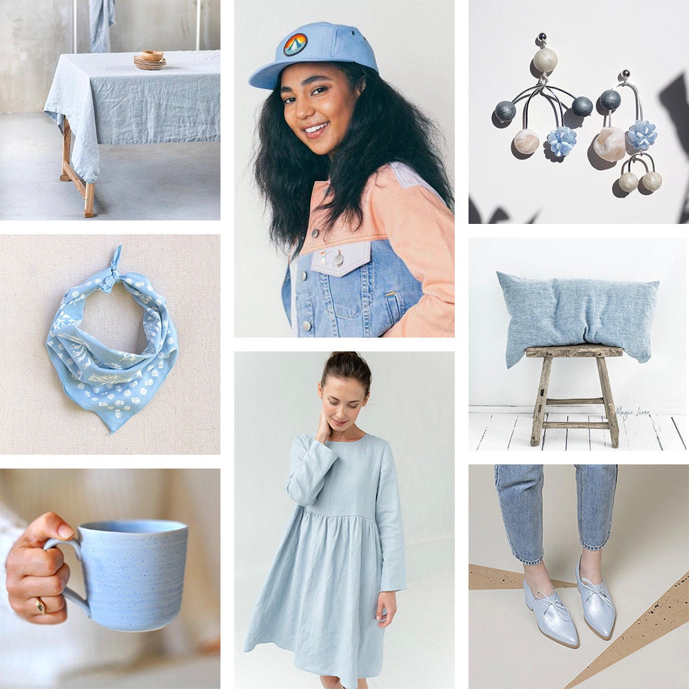 A collage of sky blue items available on Etsy