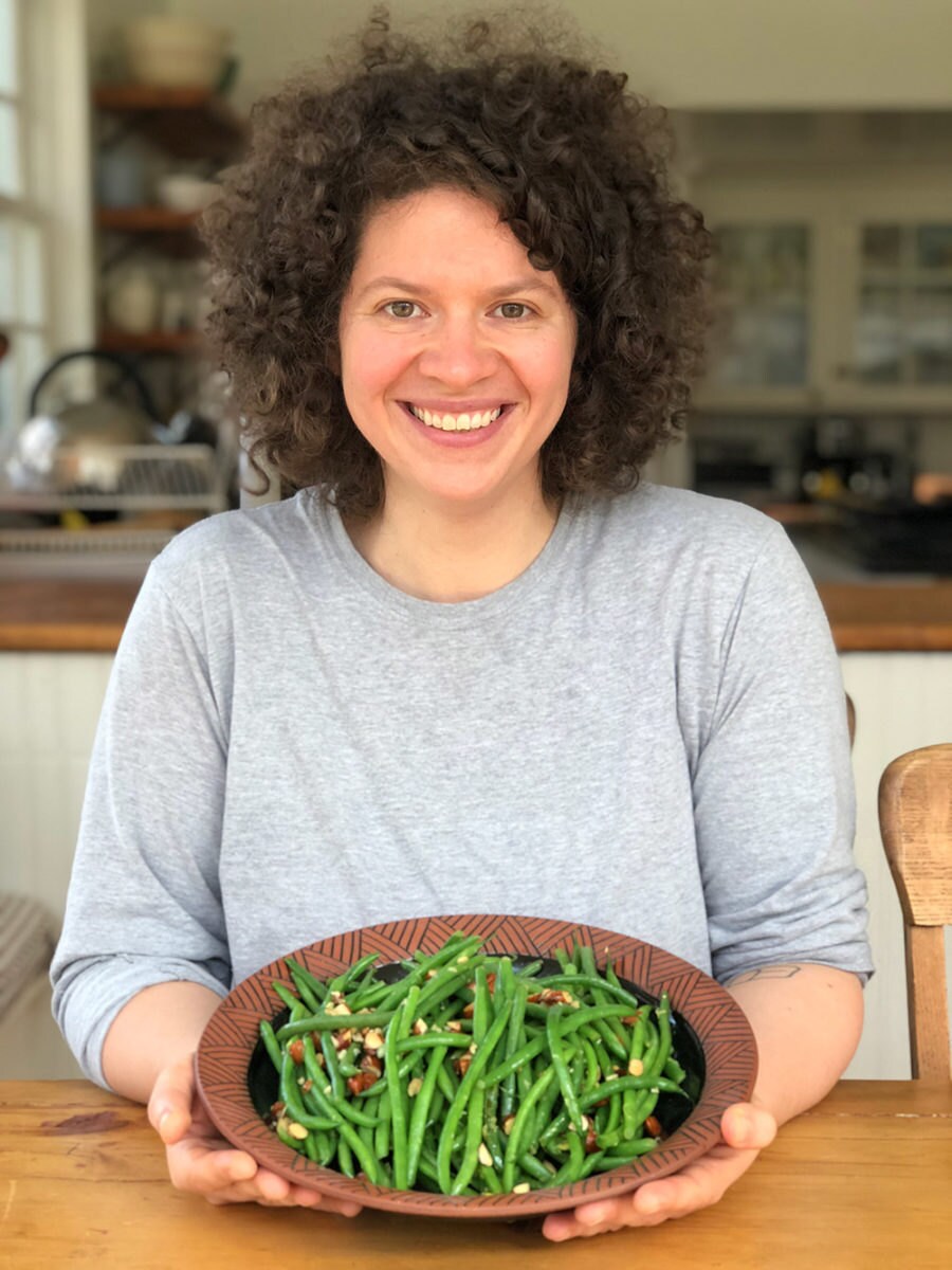 Julia and her completed green bean dish